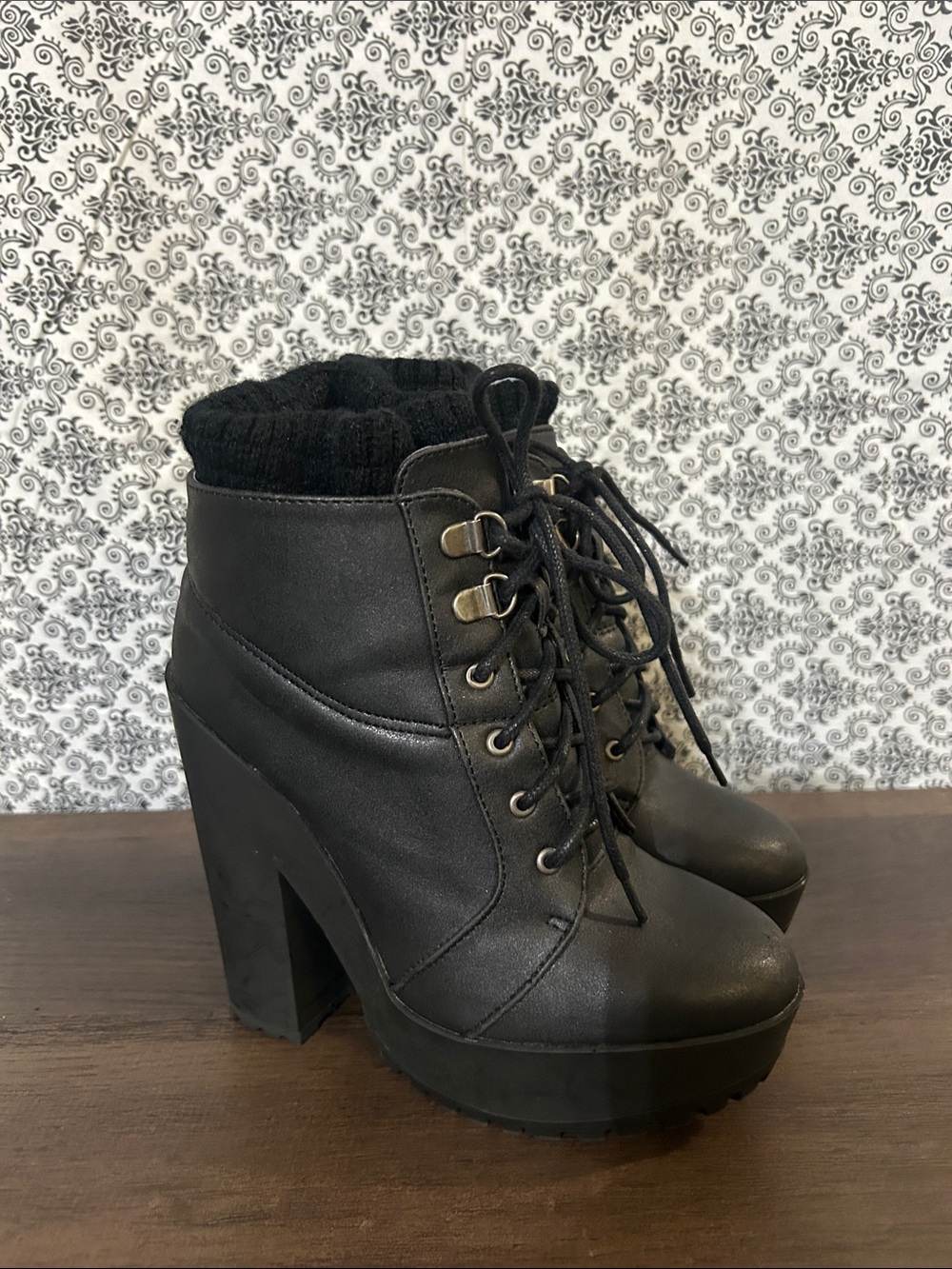 Qupid Black Platform Lace-Up Ankle Boots with Cuffed Collar